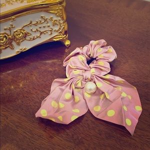 Pink & Yellow Polka Dot Scarf Scrunchy with Pearl